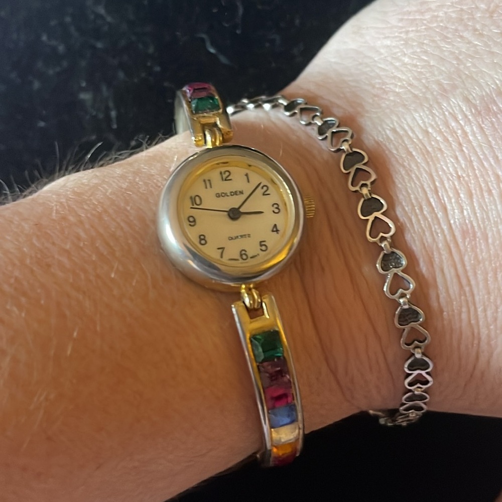 Vtg Golden Quartz Ladies Multi-Gem Band Wrist Watch